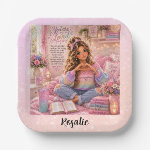 Plato De Papel Biblia cristiana para niñas de arcoíris rosa paste