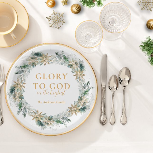 Plato De Papel Biblia de invierno contra Navidades religiosos (Religious Christmas paper plate with Glory to God Bible verse and winter greenery)