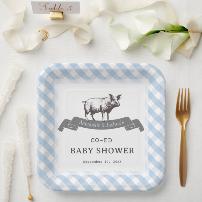 Plato De Papel Bibs & Ribs BBQ Rustic Blue Gingham Baby Shower (Boda)