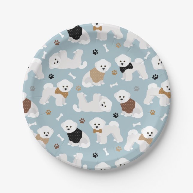 Plato De Papel Bichon Frise Bones y Paws Blue (Anverso)