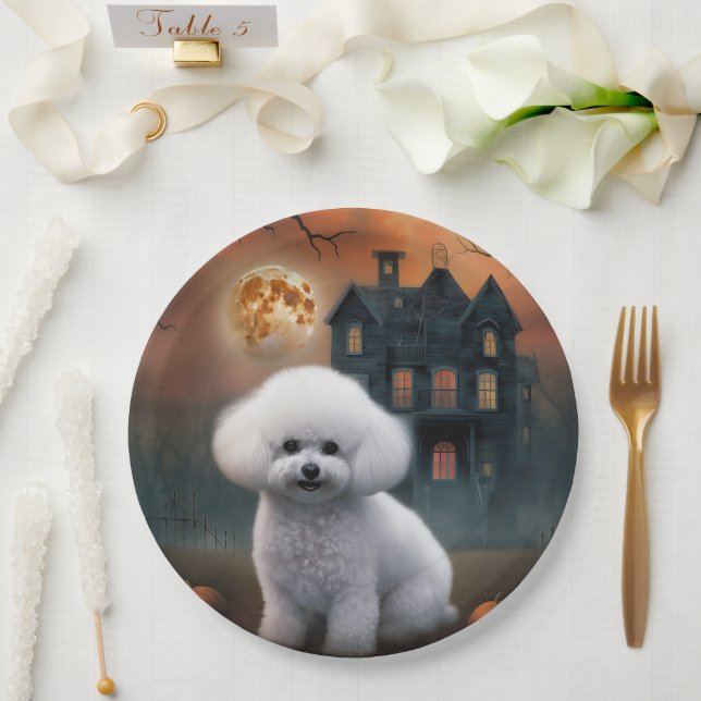 Plato De Papel Bichon Frise Halloween Espantoso (Boda)