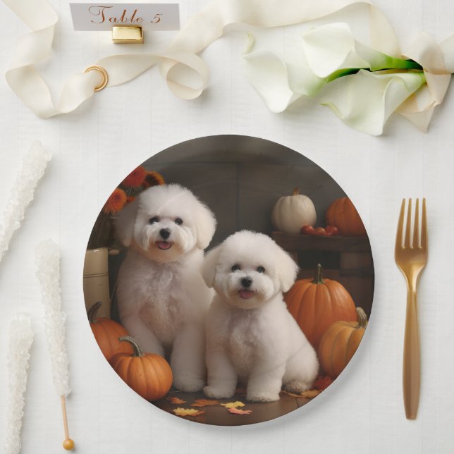Plato De Papel Bichon Frise Puppy Calabaza deslumbrante de otoño (Boda)