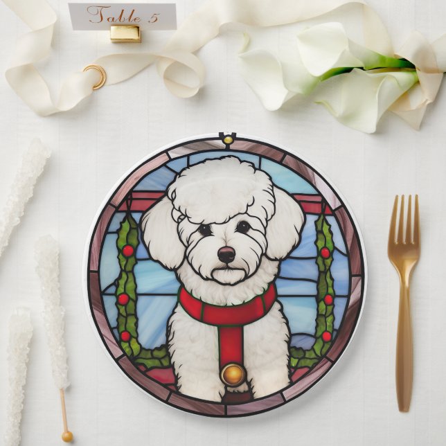 Plato De Papel Bichon Frise Vidrio Pintado Navidad (Boda)