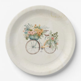 Plato De Papel Bicicleta Boho Vintage con acuarela de cesta de fl