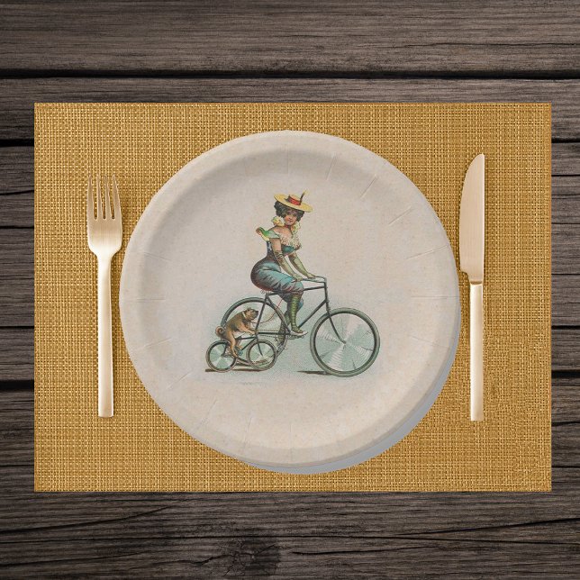 Plato De Papel Bicicleta virgen Lady Dog (Victorian lady and bulldog riding bicycles aqua blue outfit on tan paper party plates.)