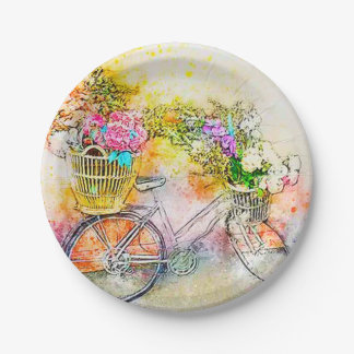 Plato De Papel Bicicleta y flores 