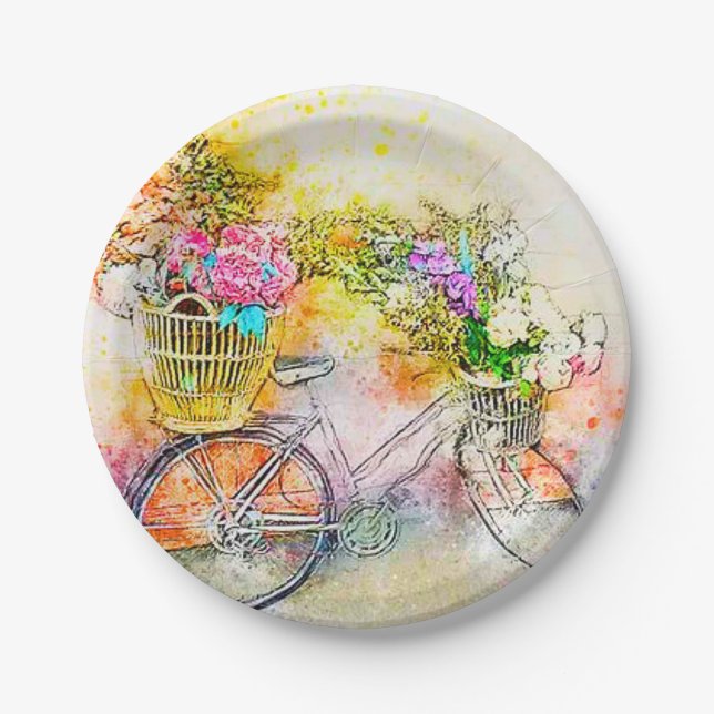 Plato De Papel Bicicleta y flores (Anverso)