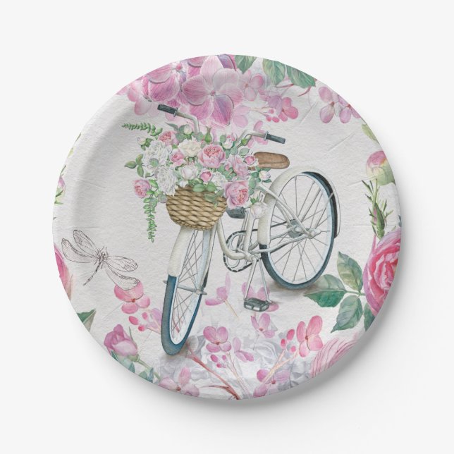 Plato De Papel Bicicleta y flores elegantes (Anverso)