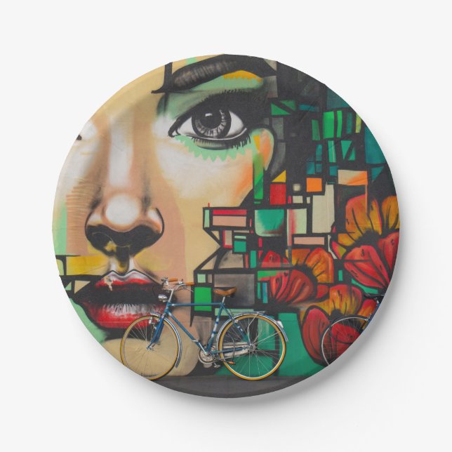 Plato De Papel Bicicletas en la pared del graffiti (Anverso)
