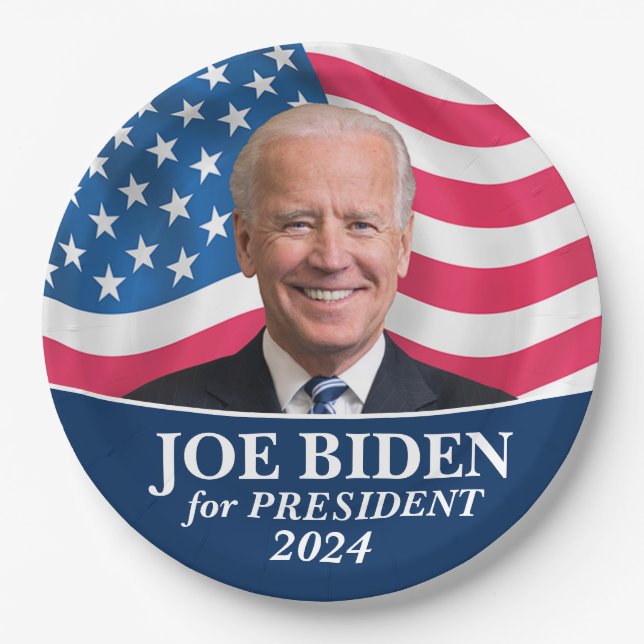 Plato De Papel Biden 2024 - Foto con bandera estadounidense (Anverso)