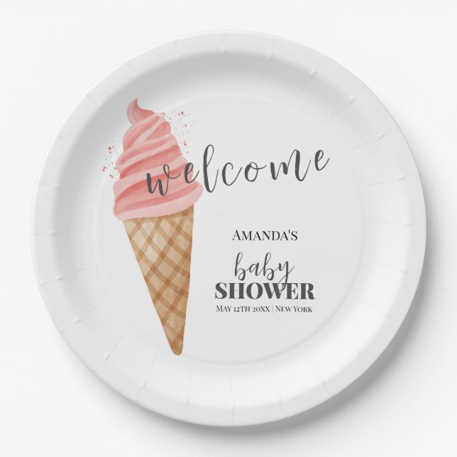 Plato De Papel Bienvenida a Baby Shower de crema de hielo minimal (Anverso)
