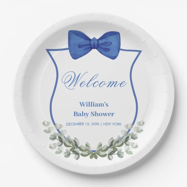 Plato De Papel Bienvenida a Baby Shower del Escudo Blue Bow Eucal (Anverso)