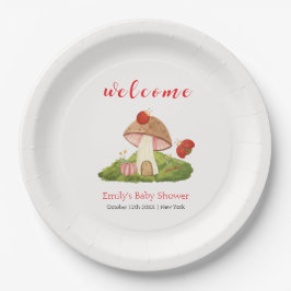 Plato De Papel Bienvenida a Baby Shower Woodland Ladybug Mushroom