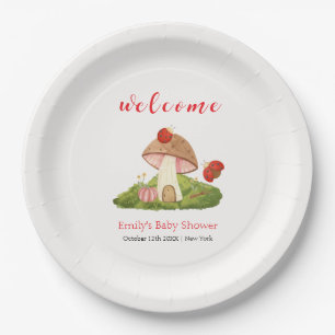 Plato De Papel Bienvenida a Baby Shower Woodland Ladybug Mushroom