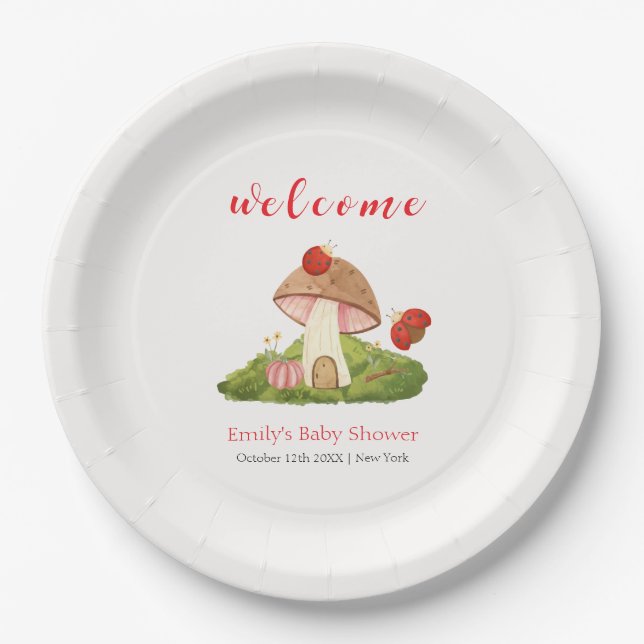Plato De Papel Bienvenida a Baby Shower Woodland Ladybug Mushroom (Anverso)
