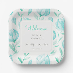Plato De Papel Bienvenida a Boda de Peonies verde azulados