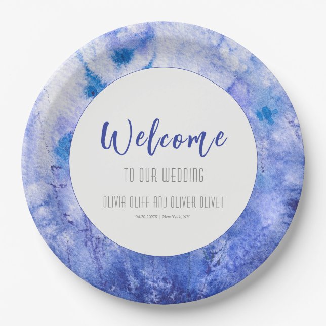 Plato De Papel Bienvenida a la Boda del Jardín Azul de Invierno (Anverso)