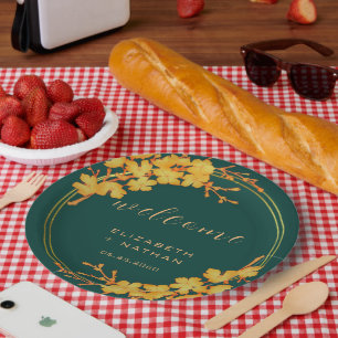Plato De Papel Bienvenida a la Flora de Oro Verde Esmeralda
