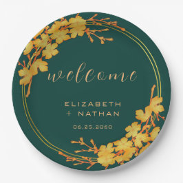 Plato De Papel Bienvenida a la Flora de Oro Verde Esmeralda
