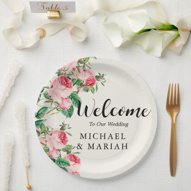 Plato De Papel Bienvenida Al Boda | Bienvenida a Boda Floral (Boda)