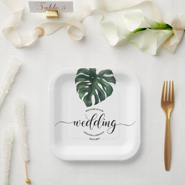 Plato De Papel Bienvenida al Boda Green Monstera Leaf (Boda)
