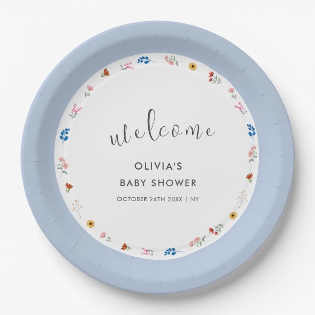 Plato De Papel Bienvenida Baby Shower de Flor Silvestre Azul Simp (Anverso)