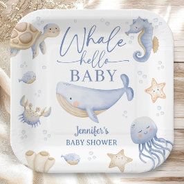 Plato De Papel Bienvenida Ballena Baby Shower Niño Azul Océano