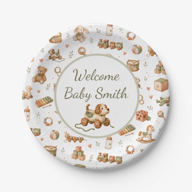 Plato De Papel Bienvenida Bebé Juguetes Boho (Anverso)