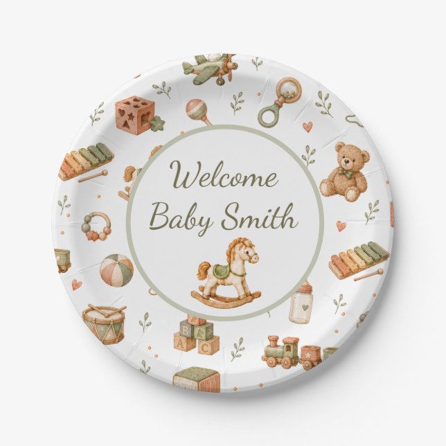 Plato De Papel Bienvenida Bebé Juguetes Boho (Anverso)