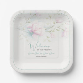 Plato De Papel Bienvenida Boda Magnolia Rosa