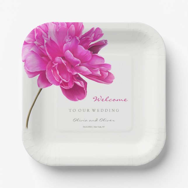 Plato De Papel Bienvenida Boda Rosa Brillante (Anverso)