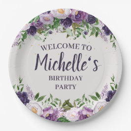 Plato De Papel Bienvenida Cumpleaños Mujer Floral Peonías Purpura