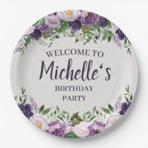 Plato De Papel Bienvenida Cumpleaños Mujer Floral Peonías Purpura