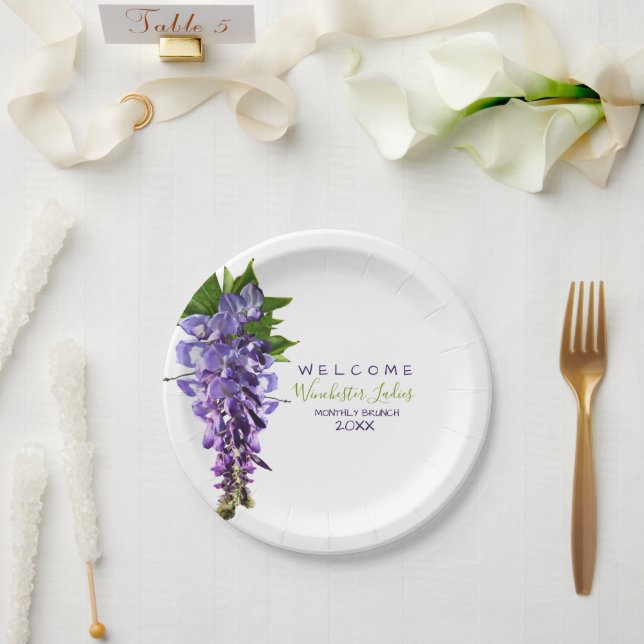 Plato De Papel Bienvenida Hermosa Wisteria Flores Nombre personal (Boda)