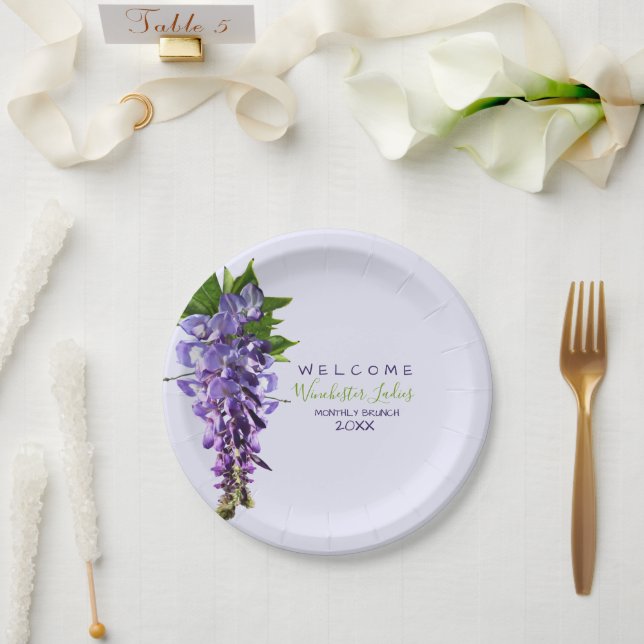 Plato De Papel Bienvenida Hermosa Wisteria Flores Nombre personal (Boda)