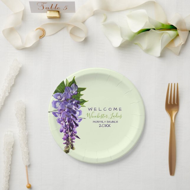 Plato De Papel Bienvenida Hermosa Wisteria Flores Nombre personal (Boda)
