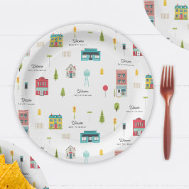 Plato De Papel Bienvenido al Baby Shower del patrón de vecindad