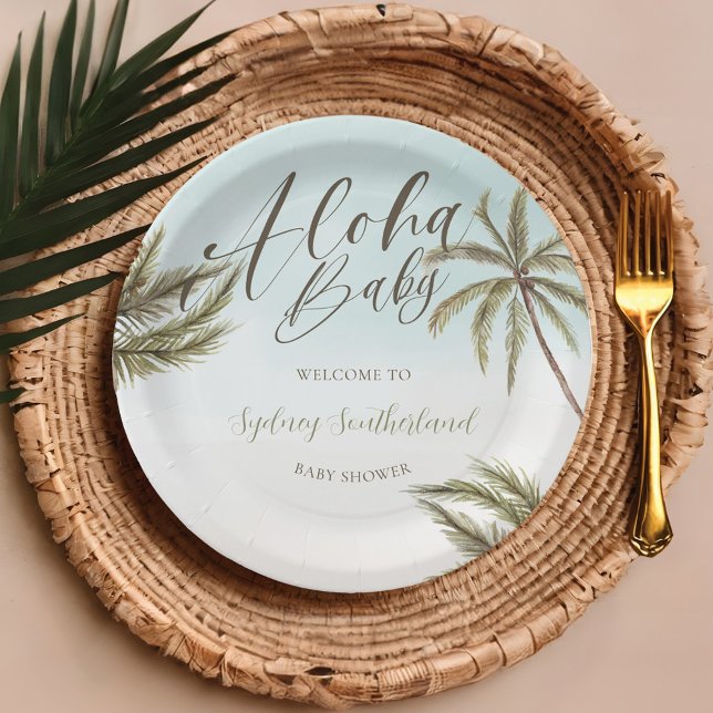 Plato De Papel Bienvenidos a Baby Shower a la palma acuarela trop (Tropical Watercolor Palm Trees Baby Shower Welcome Paper Plates)
