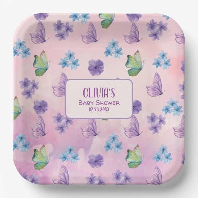 Plato De Papel Bienvenidos a Baby Shower, Chica de mariposa flora (Anverso)