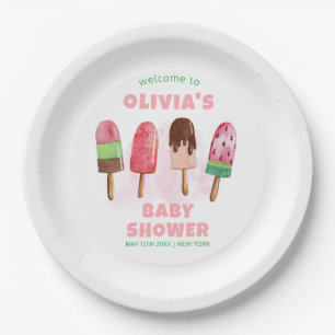 Plato De Papel Bienvenidos a Baby Shower con crema de hielo rosa