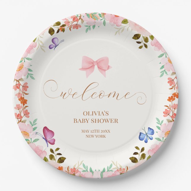 Plato De Papel Bienvenidos a Baby Shower con mariposa floral en B (Anverso)