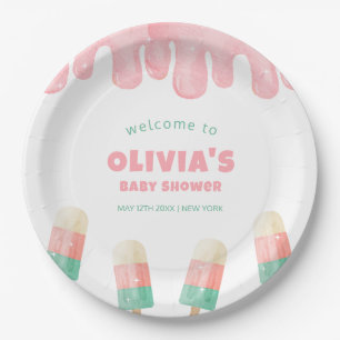 Plato De Papel Bienvenidos a Baby Shower del Crema de Hielo Rosa