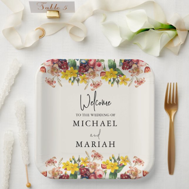 Plato De Papel Bienvenidos a la boda | Bienvenida de boda floral (Boda)