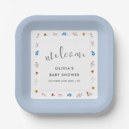 Plato De Papel Bienvenidos al Baby Shower Blue Minimal Wildflower