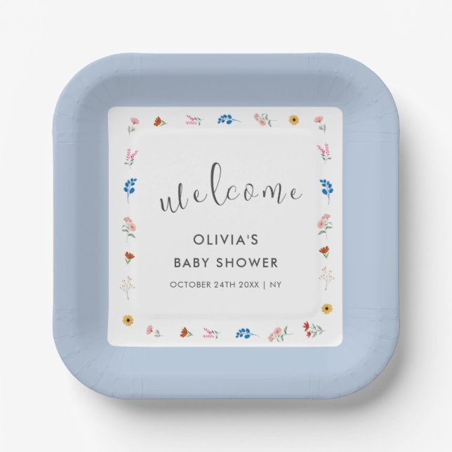 Plato De Papel Bienvenidos al Baby Shower Blue Minimal Wildflower (Anverso)