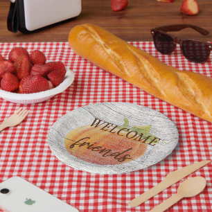 Plato De Papel Bienvenidos Amigos Calabazando En Placas De Madera