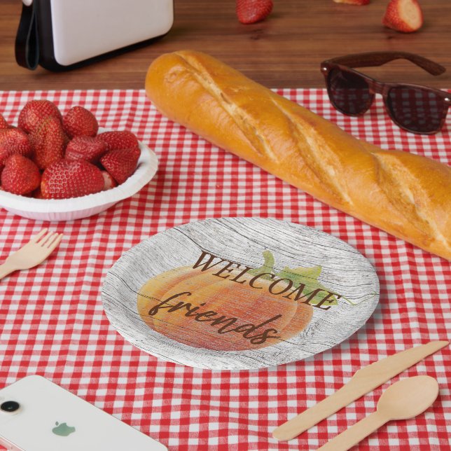 Plato De Papel Bienvenidos Amigos Calabazando En Placas De Madera (Picnic)