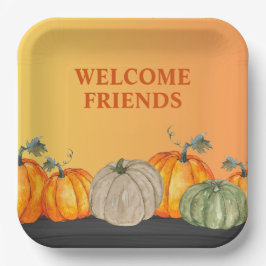 Plato De Papel Bienvenidos Amigos Calabazas Colores de Otoño