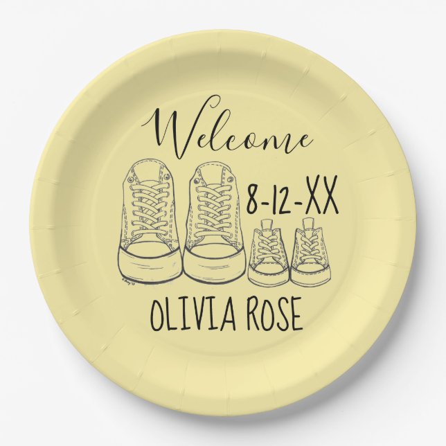 Plato De Papel BIENVENIDOS Nueva llegada Bebé Zapatos Ducha Amari (Anverso)