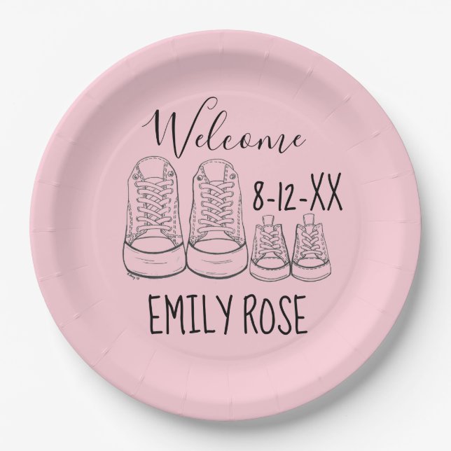 Plato De Papel BIENVENIDOS Nueva llegada Bebé Zapatos Ducha Chica (Anverso)